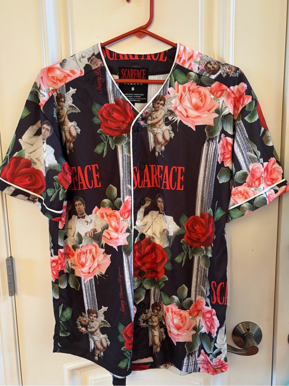 Reason Mens Black Scarface Cherub Floral  Button Front Shirt Size S